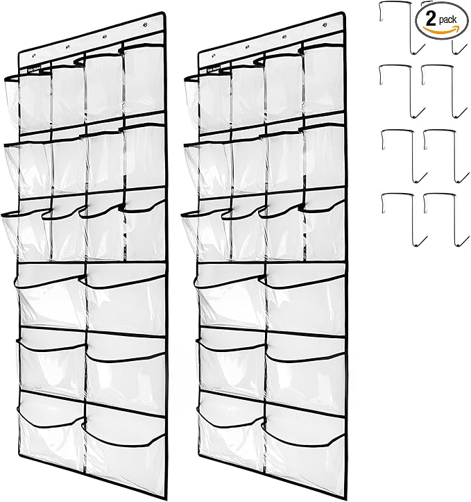 2 Pack Extra Large Hanging Crystal Clear Over Door Shoe Organizers, Closet Shoe Rack Organizer, 12+6 Pockets, 8 Hooks, White (59" x 21.6")-HomvellaHome