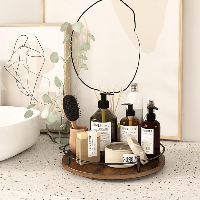 12" Lazy Susan Turntable Organizer,Round Wooden Lazy Susan Organization and Rotating Spice Rack for Dining Table,Pantry,Kitchen Countertop,Vanity,Cupboard and More.Vintage Wood(Round)-HomvellaHome