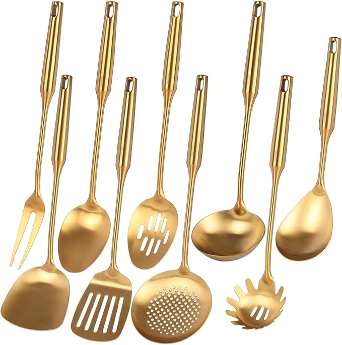 Gold Kitchen Utensils Set - 18/10 Stainless Steel Cooking Tools, 15" All Metal Serving Utensils with Fork, Solid/Slotted Spoon, Spatula, Ladle, Skimmer, Tunner, Pasta Spoon, Large Spoon, Set of 9-HomvellaHome
