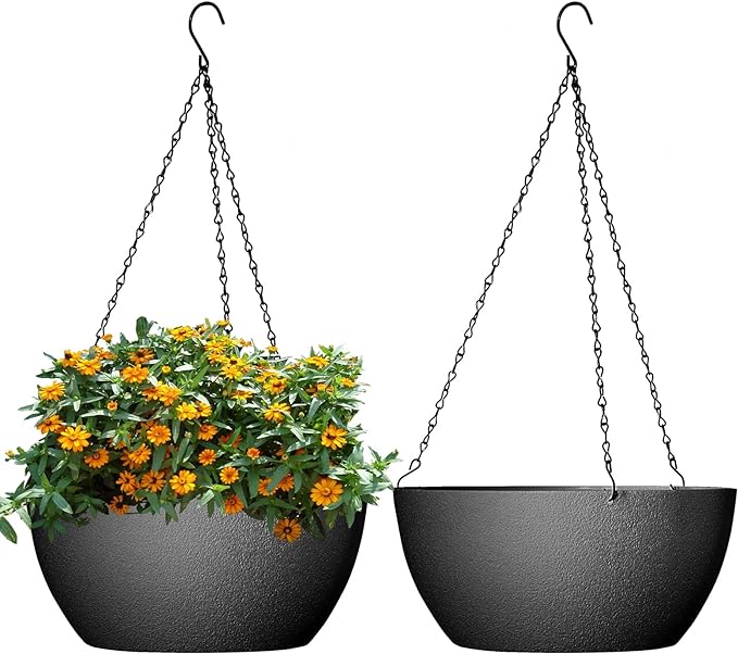 13 inch Large Hanging Planters Plant Pots for Outdoor Indoor Plants with Drainage Holes and Chain, 2 Pack Round Hanging Flower Pots for Garden Home Porch Decor, Black-HomvellaHome