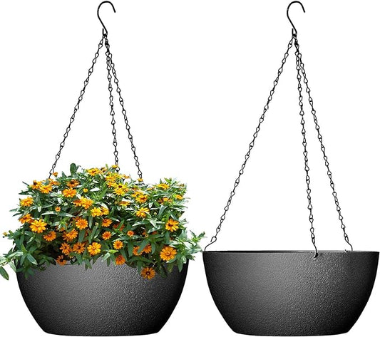 13 inch Large Hanging Planters Plant Pots for Outdoor Indoor Plants with Drainage Holes and Chain, 2 Pack Round Hanging Flower Pots for Garden Home Porch Decor, Black-HomvellaHome