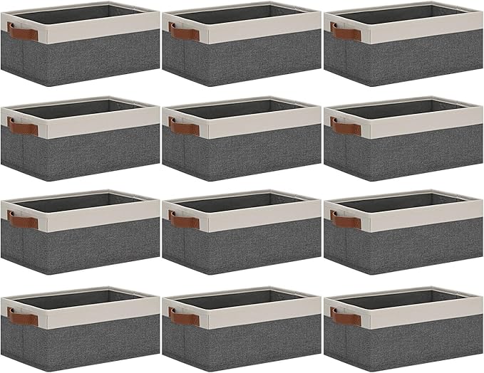 GhvyenntteS Small Fabric Storage Bins 12 Pack, Storage Basket with Leather Handles, Closet Storage Bins for Shelves, Storage Baskets for Shelves, Home, Office (Grey/White, 11.8" x 7.87" x 5.11")-HomvellaHome