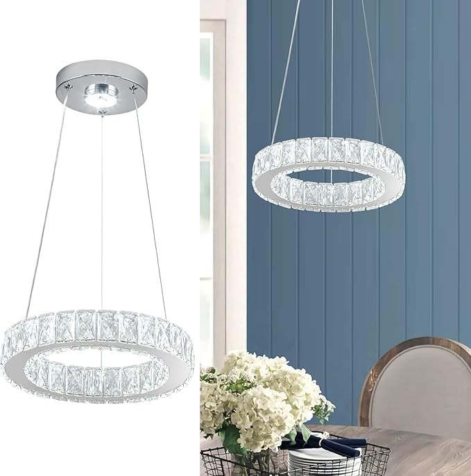 11.8" Crystal Chandelier LED Round Flush Mount Ceiling Light Fixture Modern Hanging Pendant Lighting Mini Ring Chandeliers for Dining Room Kitchen Island Hallway Bathroom (Cool White)-HomvellaHome