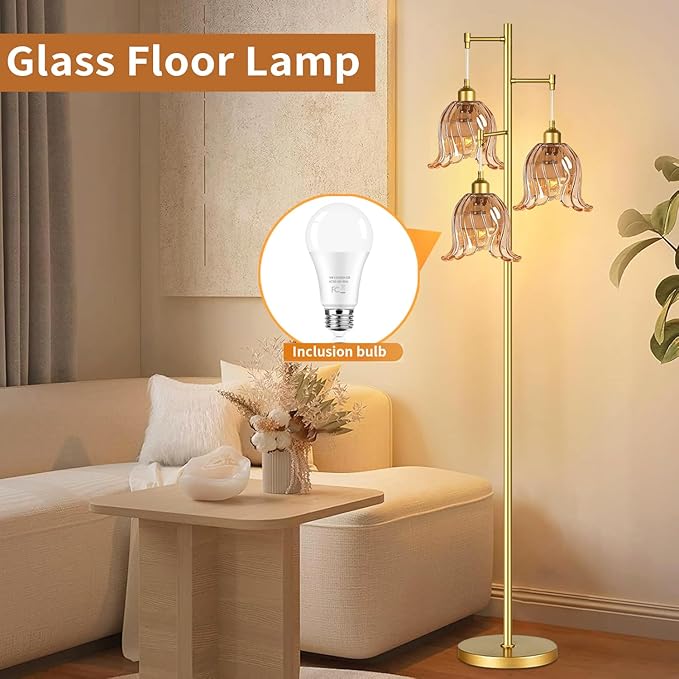 Gold Floor Lamp for Living Room,Bedroom,Tree 3 Light Standing Lamp Mid Century Modern Brass Tall Floor Lamps Vintage Retro Floor Lights Glass Flower Amber Lamp Shade Farmhouse Boho Bohemian-HomvellaHome