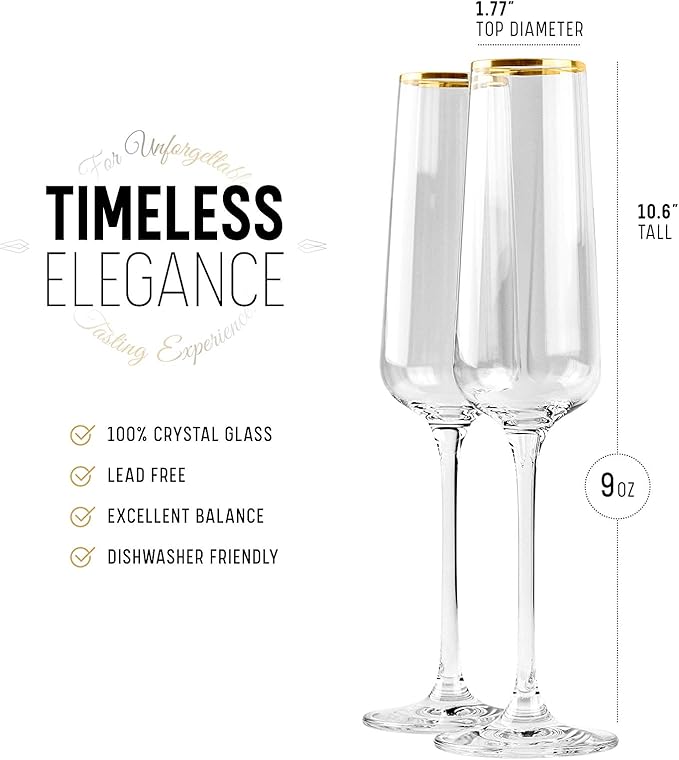 Gold Rim Champagne Gift Glasses | Set of 2 | Crystal Square Toasting Flutes for Bride and Groom, Wedding, Anniversary, Birthday | Elegant Long Stemmed Glassware for Sparkling Wine, Prosecco-HomvellaHome