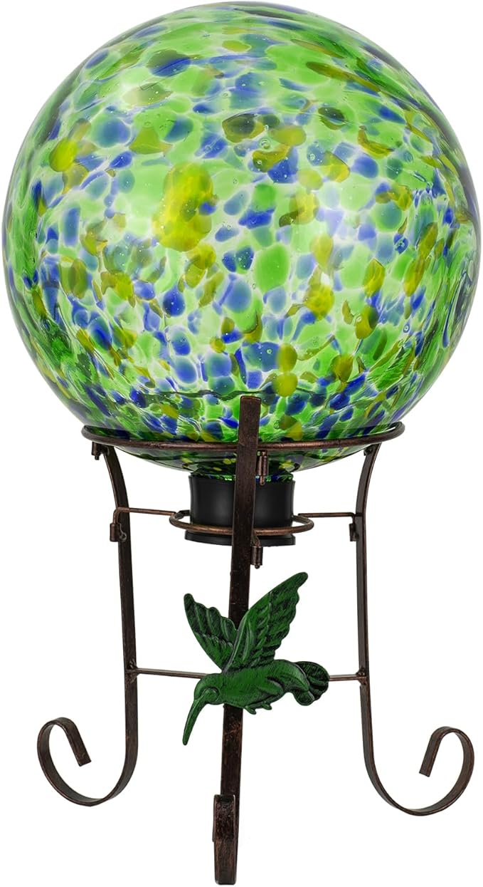 10 Inch Glass Gazing Ball, with 9.4" Tall Metal Gazing Globe Stand, Glass Balls Display Holder Set for Outdoor Garden Lawn Yard Decoration, Bright Summer Burst-HomvellaHome