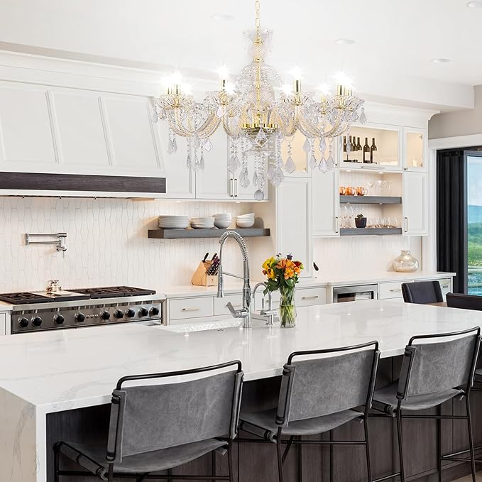 10-Light Crystal Chandelier Clear K9 Crystal Luxury Ceiling Light Fixture Flush Mount Pendant Lighting for Living Room Dining Room Bedroom Kitchen Hallway Entryway-HomvellaHome