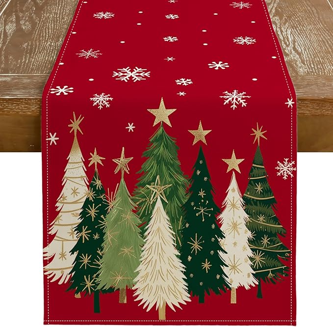 GEEORY Christmas Table Runner 13x48 Inch, Xmas Trees Snowflakes Holiday Decorative Farmhouse Table Decoration for Kitchen Dinning, Indoor Outdoor Dinner Party Decor (Red) GT150-48-HomvellaHome