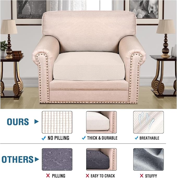 H.VERSAILTEX Super Stretch Individual Seat Cushion Covers Sofa Covers Couch Cushion Covers Slipcover Sets Thick Jacquard Textured Twill Fabric (1 Piece Chair Cushion Cover, Ivory)-HomvellaHome