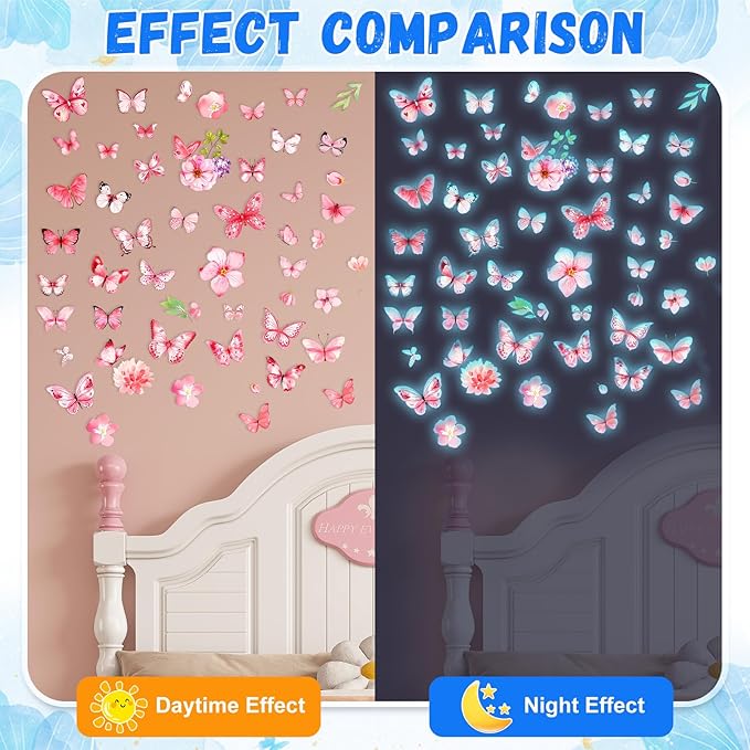 Glow in The Dark Butterfly Flower Wall Decals Glowing Luminous Butterflies Removable Self-Adhesive Wall Stickers for Girls Bedroom Nursery Living Room Decor 4 Sheets (Butterfly 2)-HomvellaHome