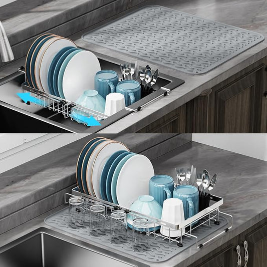 GSlife in Sink Dish Drying Rack - Capacity Expandable Stainless Steel Over Sink Dish Drainer Drying Rack (13.4''-20.4'') with Silicone Mat for Kitchen Counter Large Capacity, Black-HomvellaHome
