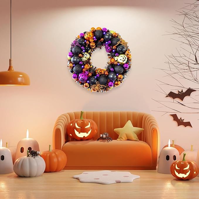 13.8 Inch Halloween Ball Wreath for Front Door with Lights, Lighted Cute Treat-or-Trick Door Wreath Ball Ornament for Halloween Indoor Decorations Centerpiece Party Holiday Wall Home Decor-HomvellaHome