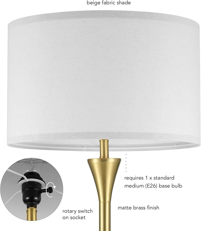 GLOBE Electric 61000150 60" Floor Lamp, Antique Brass Finish, Beige Fabric Shade, Mid-Century Modern Standing Lamp, E26 Base, Sustainable Design for Living Rooms and Bedrooms-HomvellaHome