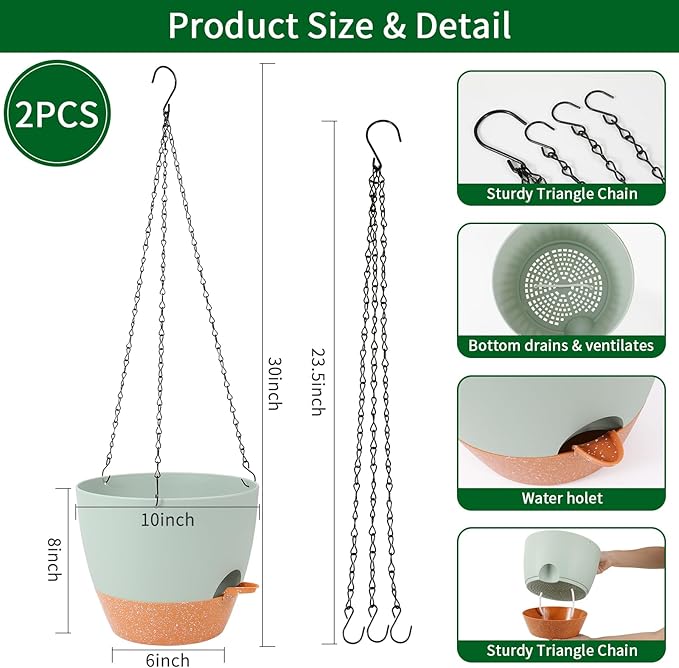 GARDIFE Hanging Planter, 10 inch Hanging planters for Indoor. Outdoor Plants, Self Watering Plant Pot, 2 Pack Large self Watering Hanging Planter, Green-HomvellaHome