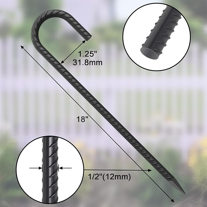 18 Inch Steel J Hook Rebar Ground Stakes 16 Pack 1/2 Inch Diameter Fence Stakes for Wire Fencing with Chisel Point End Metal Tent Stakes Heavy Duty for Outdoor Camping, Black-HomvellaHome