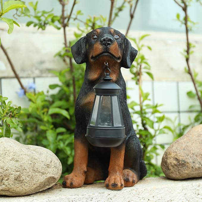 Garden Dog Statues Outdoor Decor, 13" Solar Powered LED Lights Outdoor Statue Garden Decorations Rottweiler Figurine for Patio, Lawn, Yard Art Decoration, Housewarming Garden Gift-HomvellaHome