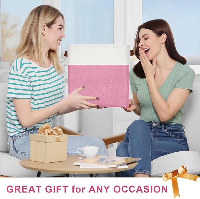 13x13 Cube Storage Bins, Collapsible Fabric Storage Box, 4 Pack Closet Baskets with Handles for Organizing, Shelf, Toys, Clothes, Home, Office, Nursery (Pink&White)-HomvellaHome