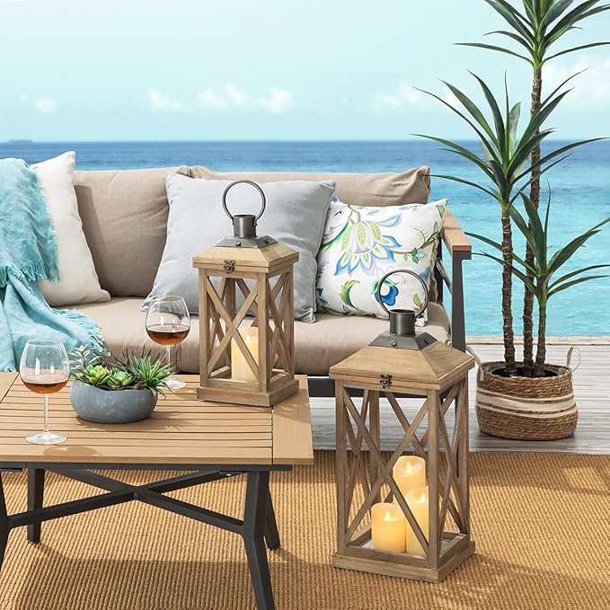 Glitzhome Mondern Farmhouse Wood Metal Lanterns Decorative Hanging Candle Lanterns Set of 2, Natural (No Glass)-HomvellaHome