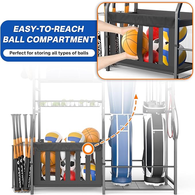 Garage Sports Equipment Organizer, Strong Load Bearing Golf Bag Organizer, Multi Use Golf Ball Rack Basketball Rack for Sports Gear and Outdoor Toy Ball Storage-HomvellaHome