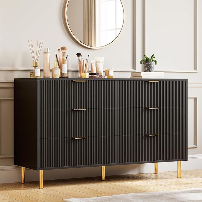 GAOMON 6 Drawer Dresser, Wood Chest of Drawers Organizer Storage with Gold Handle, Large Storage Cabinet, Modern Design Dresser for Bedroom, Living Room, Closet, Hallway, Entryway, Black-HomvellaHome