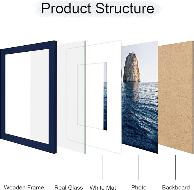 11x14 Picture Frame Set of 4, 11 x 14 Wood Photo Frames with Mat for 8x10, Natural Wooden Frame with Real Glass Cover for Wall and Tabletop Display,Blue-HomvellaHome