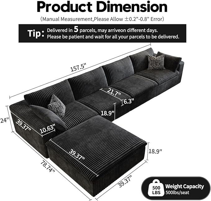 157.5" Cloud Couch Modular Sectional Sofa for Living Room,Modern Sofa with Deep Seat，L-Shape Boneless Couch with Ottoman,Comfy Upholstered Corduroy Couches for Apartment, Studio, Office,Bedroom，Black-HomvellaHome