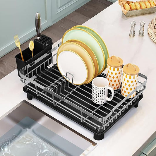 GAXmi Dish Drying Rack Over The Sink Drainer with Drainboard Utensil Holder, 1-Tier Grey-HomvellaHome