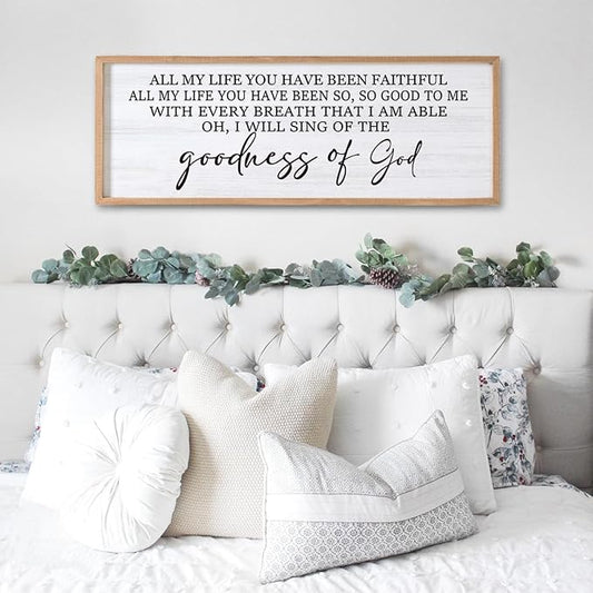Goodness of God Framed Wall Art, 40''×15'' Positive Religious Natural Bible Verse for Christian God Jesus Christ Prayer, Vintage Rustic Long Holy Catholic Scripture Decor-HomvellaHome
