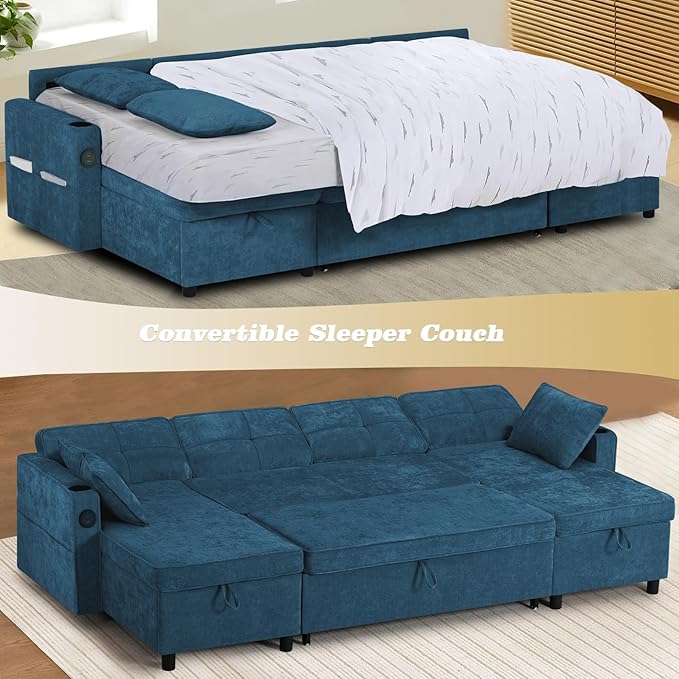 110 Inches Chenille Sectional Sofa w/Pull Out Sofa Bed & Adjustable Back, Tufted U Shaped Couch w/Two Storage Chaises, Sleeper Sectional Sofa w/USB Port & Cup Holders for Living Room, Blue-HomvellaHome