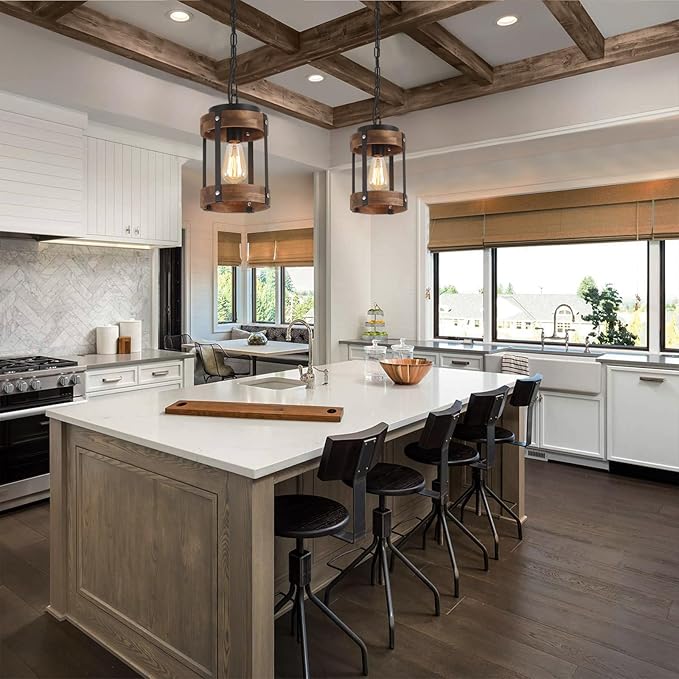 2 Pack Rustic Farmhouse Wood Pendant Light Fixture One-Light Adjustable Chain Oak Wood and Metal Drum Cage Small Pendant Lighting for Kitchen Island Sink Hallway Farmhouse Bathroom Bar, Black-HomvellaHome