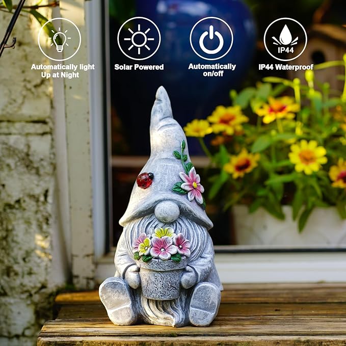 Goodeco Sitting Gnome Holding Flower Statue - Solar Garden Gnomes Decor for Outside with LED Lights, for Women or Moms, Housewarming Gnome Decorations-HomvellaHome