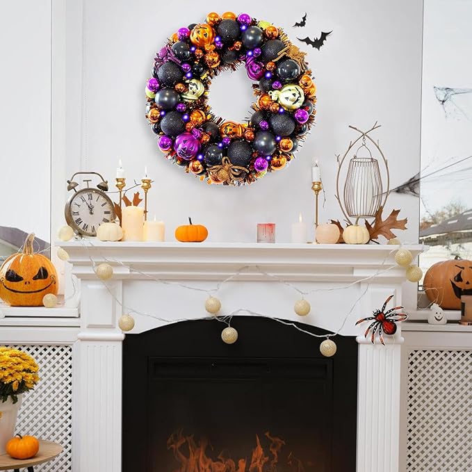 13.8 Inch Halloween Ball Wreath for Front Door with Lights, Lighted Cute Treat-or-Trick Door Wreath Ball Ornament for Halloween Indoor Decorations Centerpiece Party Holiday Wall Home Decor-HomvellaHome