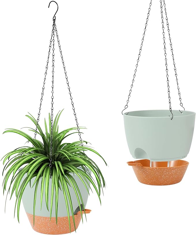 GARDIFE Hanging Planter, 10 inch Hanging planters for Indoor. Outdoor Plants, Self Watering Plant Pot, 2 Pack Large self Watering Hanging Planter, Green-HomvellaHome