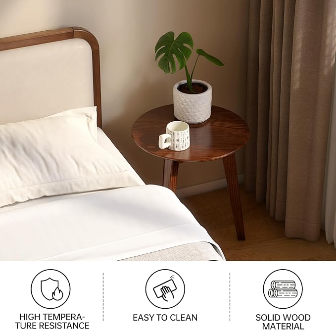 100% Solid Oak Round Side Table, Small Bedside Table for Small Spaces, Living Room End Table with Stable Frame, Modern Nightstand for Bedroom Couch, (Walnut, 17.71" D x 19.68" H)-HomvellaHome