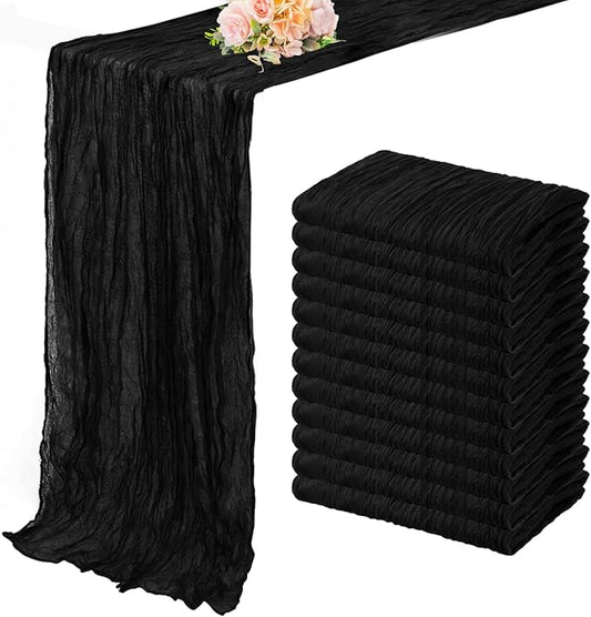 10FT 12 Pack Black Cheesecloth Table Runner 20 x 120 Inch Long Boho Fabric Rustic Cheese Cloth Table Runner for Wedding Bridal Shower Baby Shower Gauze Sheer Birthday Party Table Decorations-HomvellaHome