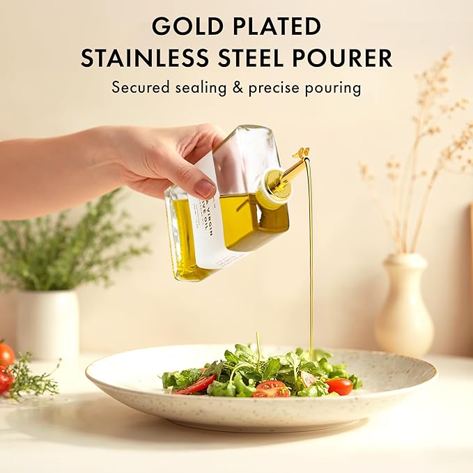 Glass Olive Oil Dispenser Bottle Set [2x12oz]: 36 Premium Gold Labels, Oil Dispenser for kitchen, Vinegar Bottle Set, Glass Dispensers for Soy Sauce, Syrup Bottles | Set of 2-HomvellaHome