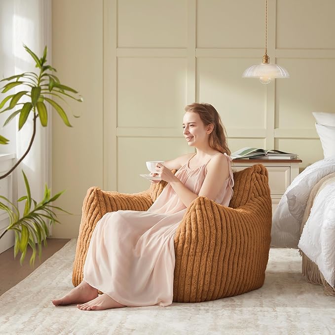 Giant Bean Bag Chairs for Adults Teens, Large Bean Bag Sofa Chairs with Filling Comfy Fuzzy BeanBag Chair with Armrests for Bedroom Living Room Reading (Brown, Medium)-HomvellaHome