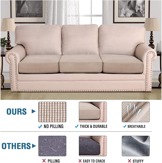 H.VERSAILTEX Super Stretch Individual Seat Cushion Covers Sofa Covers Couch Cushion Cover Slipcover Sets Thick Jacquard Textured Twill Fabric (3 Piece XL Sofa Cushion Covers, Sand)-HomvellaHome
