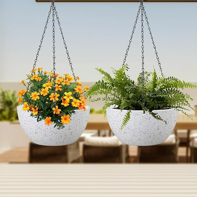 10 inch Hanging Planters for Indoor Outdoor Plants, 2 Pack Hanging Flower Pots with Drainage Holes and Chain for Garden Porch, Plastic Hanging Baskets for House Plants, Speckled White-HomvellaHome