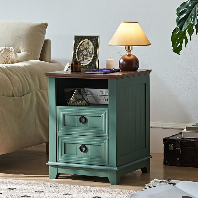 18" Farmhouse Night Stands Set of 2 with Charging Station, 2 Drawers Bedside End Table, Green Wooden Nightstand, Bed Side Table Cabinet with Open Shelf for Bedroom Living Room Office-HomvellaHome