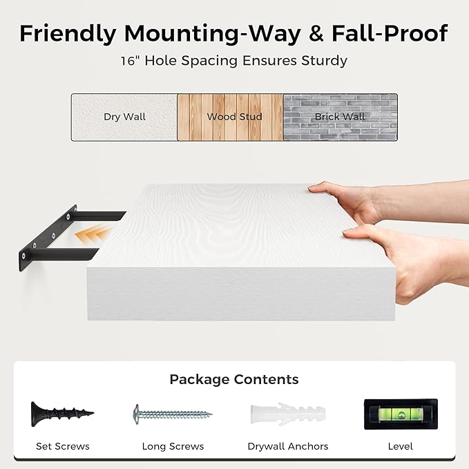 12 Inch Deep White Floating Shelves, 24 x 12 Floating Shelf for Books, Rustic Wood Deep Wall Shelves for Home Storage & Display, 2" Thicked Shelves for Kitchen, Living Room, Bedroom, 2 Pack-HomvellaHome