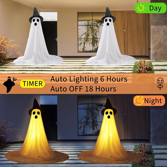 2 Packs Halloween Ghost Outdoor Decorations, 59” Light Up Ghost Decor with Remote Control, Adjustable Height Standing Halloween Lighted Ghost Kit with Witch Hat Ideal for Porch, Garden, Yard-HomvellaHome