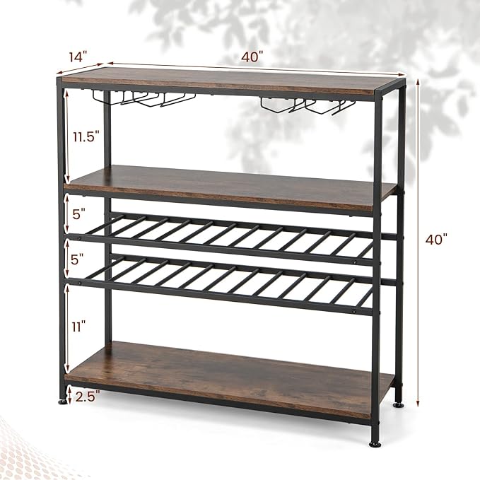 GOFLAME Industrial Wine Rack Table, Wine Bar Cabinet with 2-Tier Wine Rack, 4 Row Glass Holder and Storage Shelves, Freestanding Floor Liquor Storage Stand for Kitchen, Dining Room, Rustic Brown-HomvellaHome