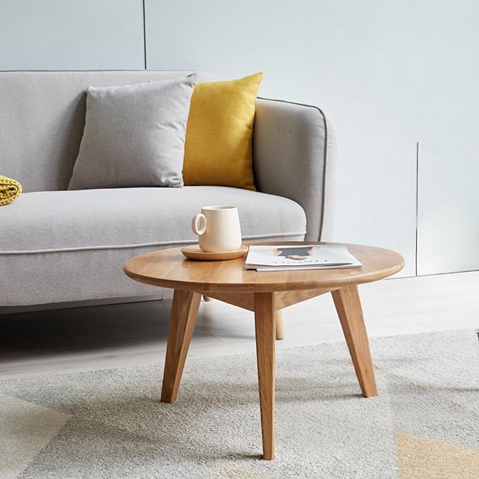 100% Solid Oak Wood Mini Coffee Table, Round Living Room Table Side Table w/Solid Wood Legs, Walnut Mid Century Sturdy Tables for Bedroom Balcony Living Room (23.62" D x 13.78" H)-HomvellaHome