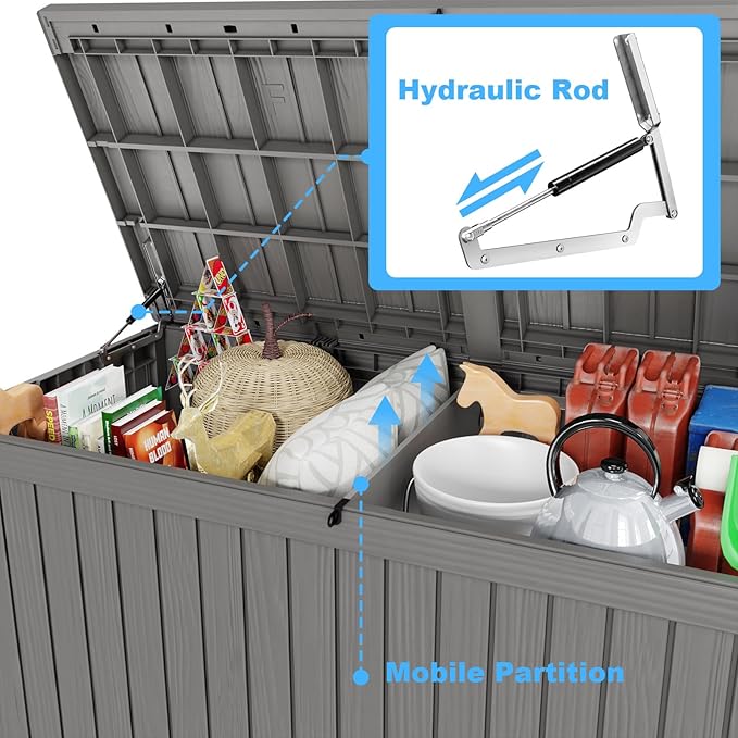 180 Gallon Deck Box,Resin Outdoor Storage Box with Lockable for Patio Furniture, Pool Accessories, Garden Tools Waterproof Outside Storage Box, Grey-HomvellaHome