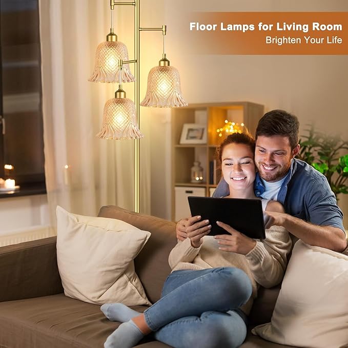 Gold Floor Lamp for Living Room,Bedroom,Tree 3 Light Standing Lamp Mid Century Modern Brass Tall Floor Lamps Vintage Retro Floor Lights Glass Green Flower Lamp Shade Farmhouse Boho Bohemian-HomvellaHome