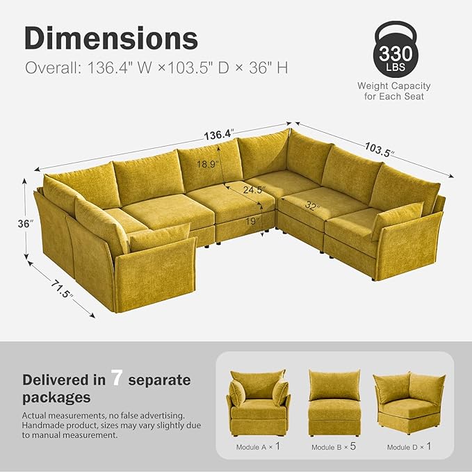 136.4" Oversized Modular Sectional Sofa, U Shaped Convertible Couch with Movable Ottoman, Large 7 Seat Corner Couches for Living Room Deep Seat Yellow Chenille-HomvellaHome