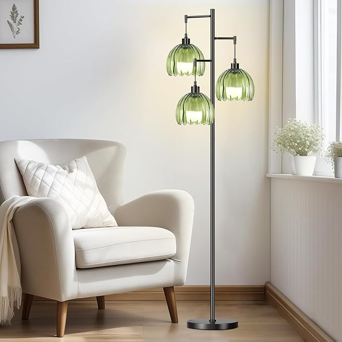 Glass Gold Floor Lamp for Living Room,Bedroom,Mid Century Modern Standing Lamp Brass Tree 3 Light Tall Floor Lamps Vintage Retro Floor Lights Green Flower Lamp Shade Farmhouse Boho Bohemian-HomvellaHome