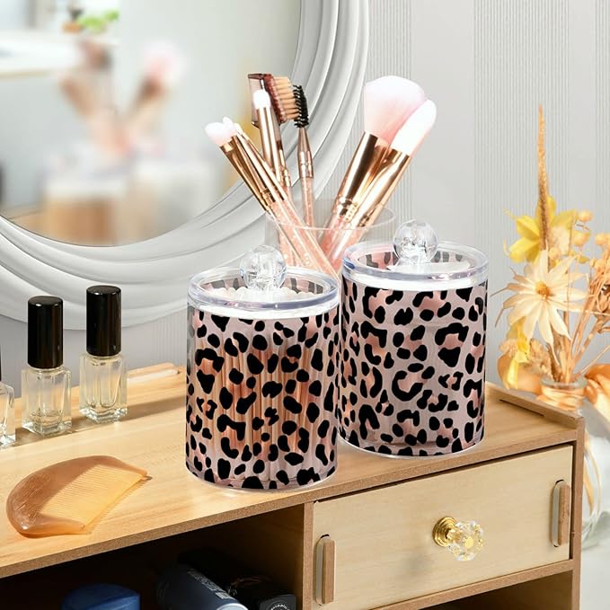 2 Pack Qtip Holder Dispenser Rose Gold Black Leopard Bathroom Storage Canister Lid Acrylic Plastic Apothecary Jar Set Vanity Makeup Organizer for Cotton Swab/Ball/Round Pads, Floss-HomvellaHome