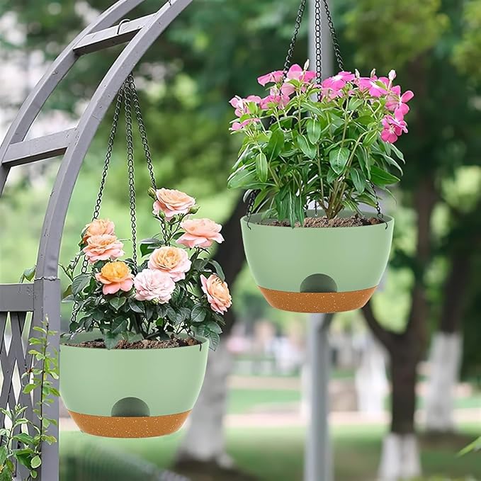 12 Inch Hanging Baskets 2 PC with Chains, Self-Watering Hanging Planters for Indoor Outdoor Plants, Plastic Hanging Flower Pots,Green Brown-HomvellaHome